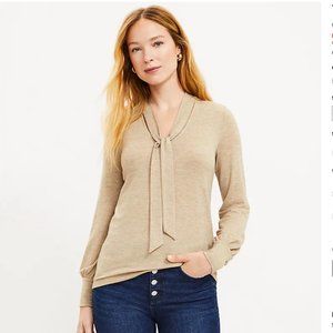 LOFT Tie Neck Knit Blouse Maple Sugar Heather Tan Beige Small NWT